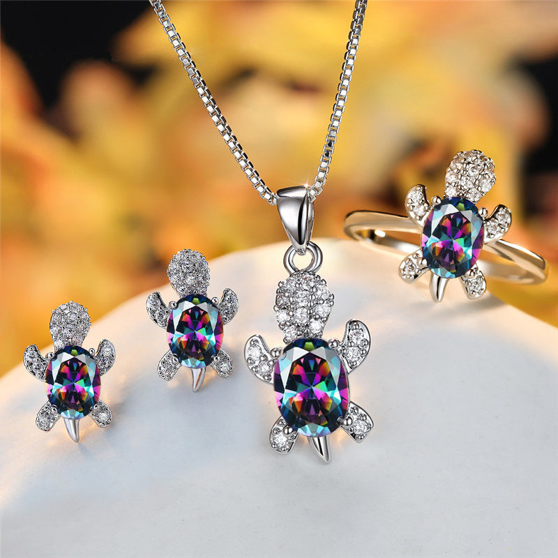 Turtle Pendant Necklace — Multicolor Crystal