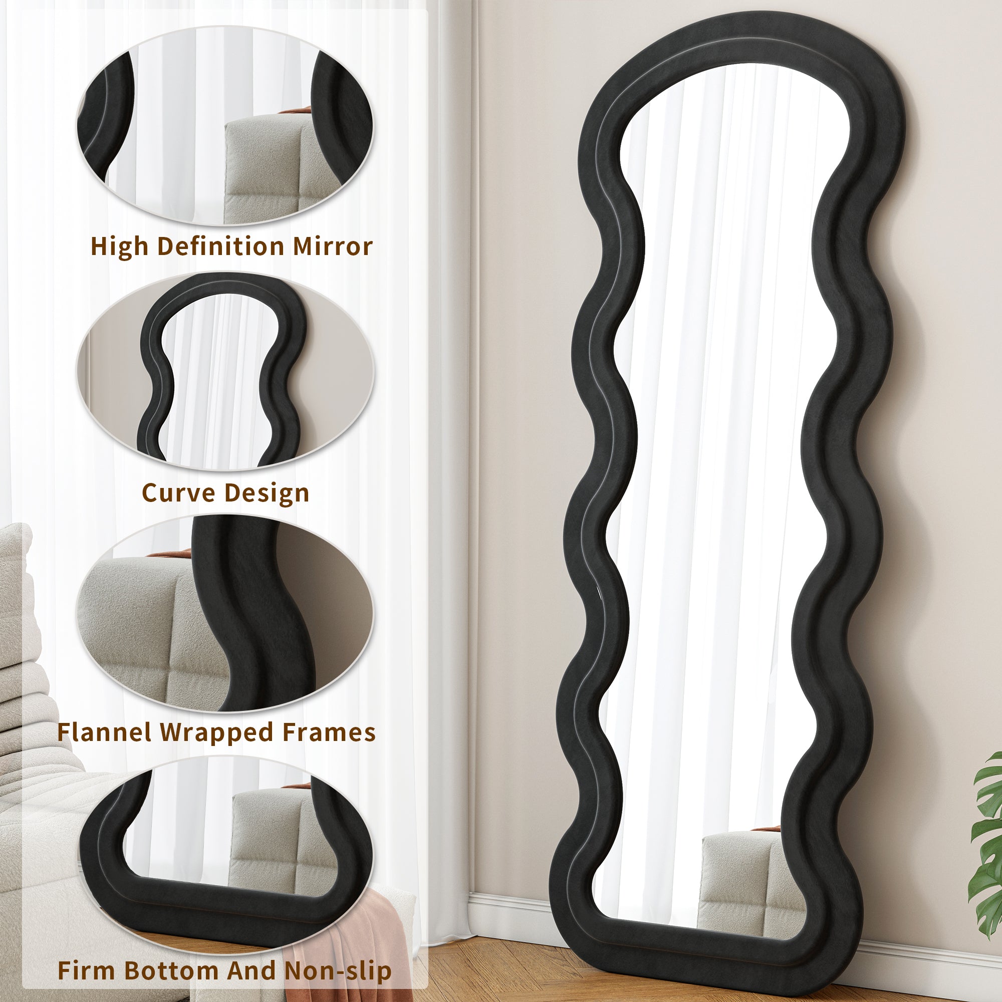 Black Wave Floor Mirror — Flannel-Wrapped