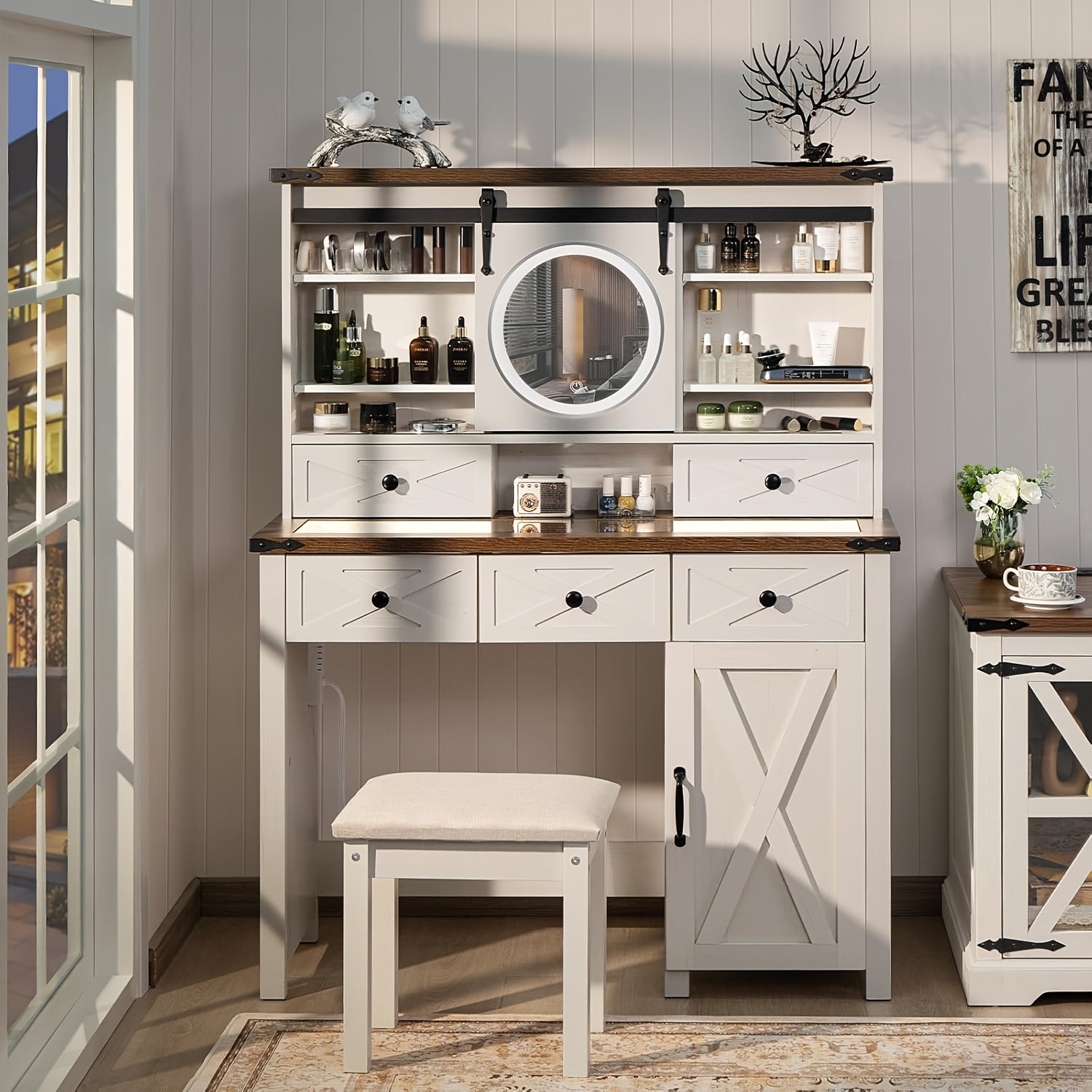 42in Farmhouse Vanity Set with Sliding Mirror & Stool