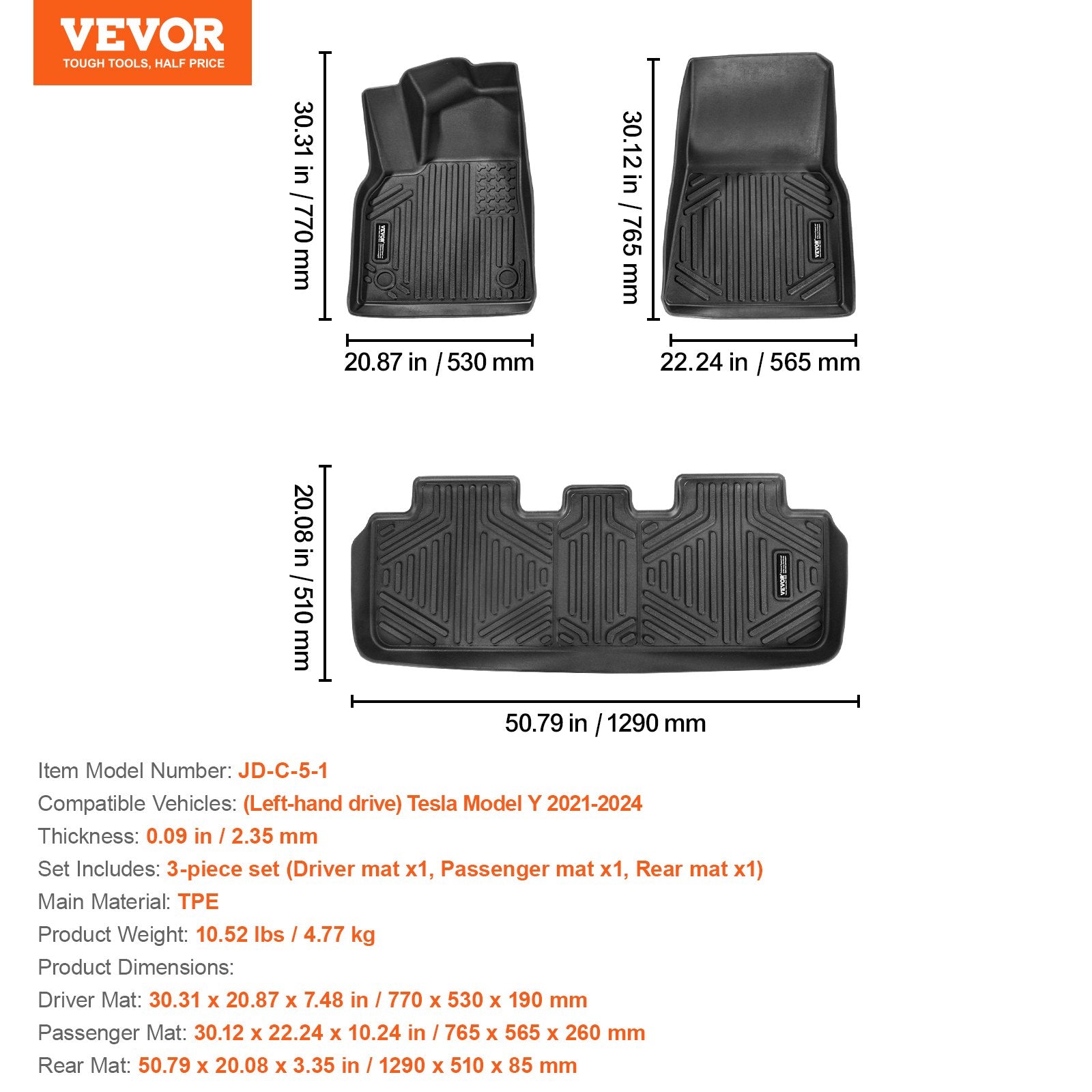 TPE Floor Mats — Fits Tesla Model Y (2021-2024), 3-Piece