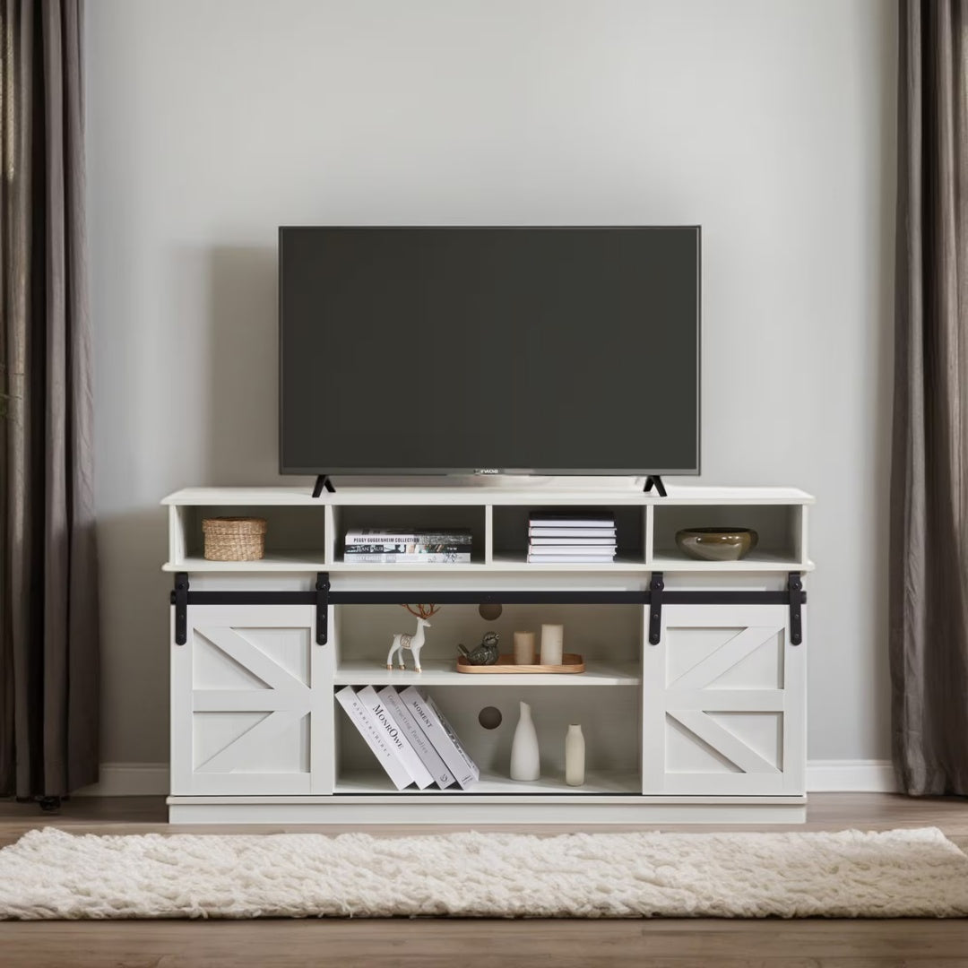 Sliding Barn Door TV Stand with Adjustable Shelves – White Farmhouse Entertainment Center