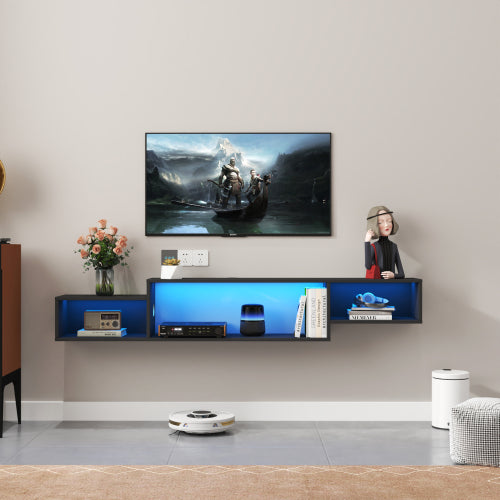 Wall-Mounted Floating TV Stand with LED & Charger — 65in