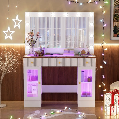 43in Vanity Desk with Hollywood Bulb Mirror & RGB
