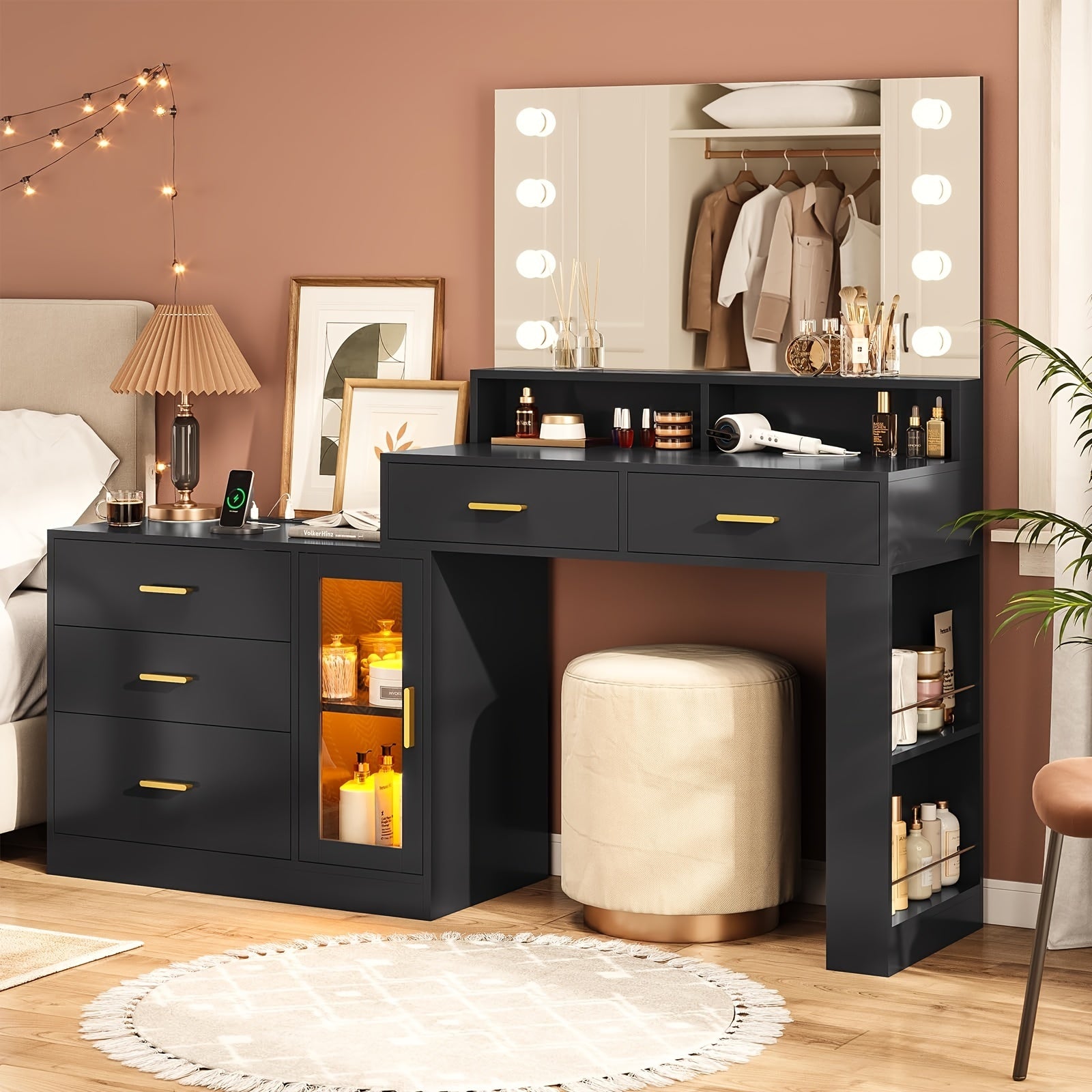 Black Vanity Desk with Mirror, Lights & USB Ports