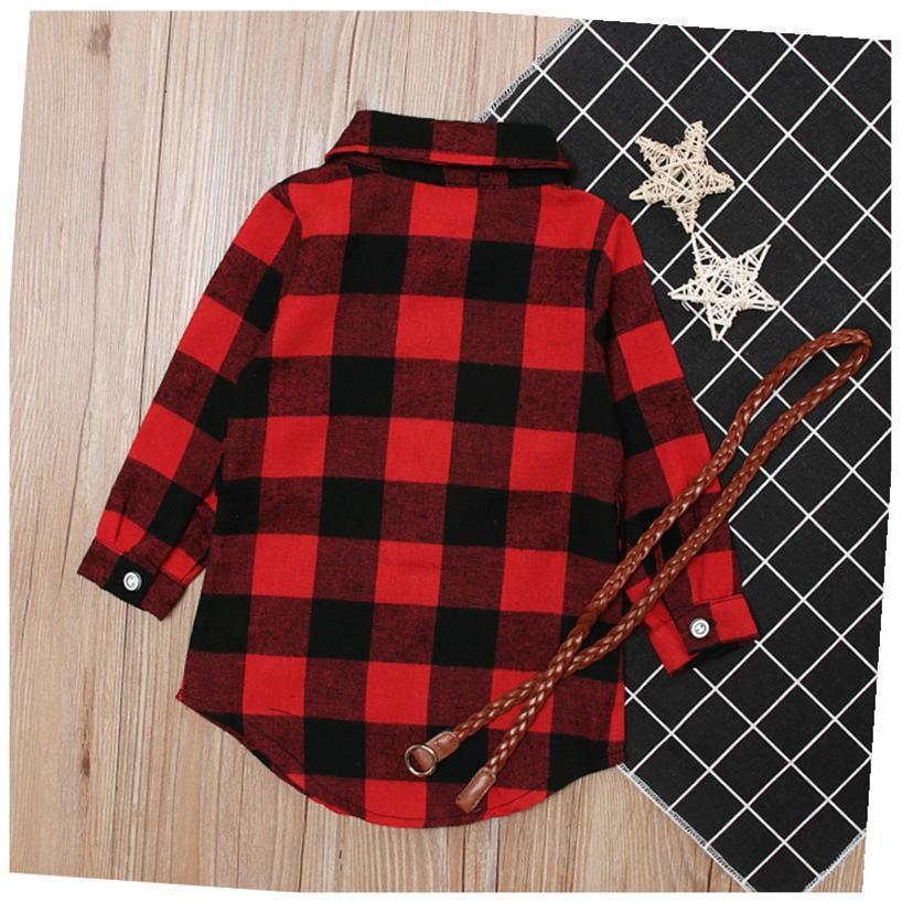 Girls' Long Red Plaid Dress with Belt