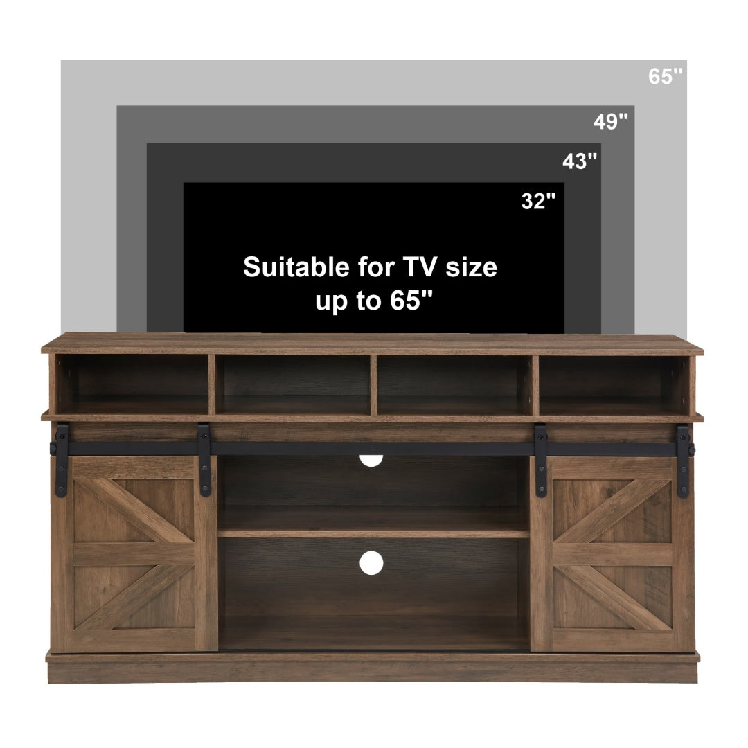 Barn Door TV Stand with Storage & Adjustable Shelves – Natural Brown