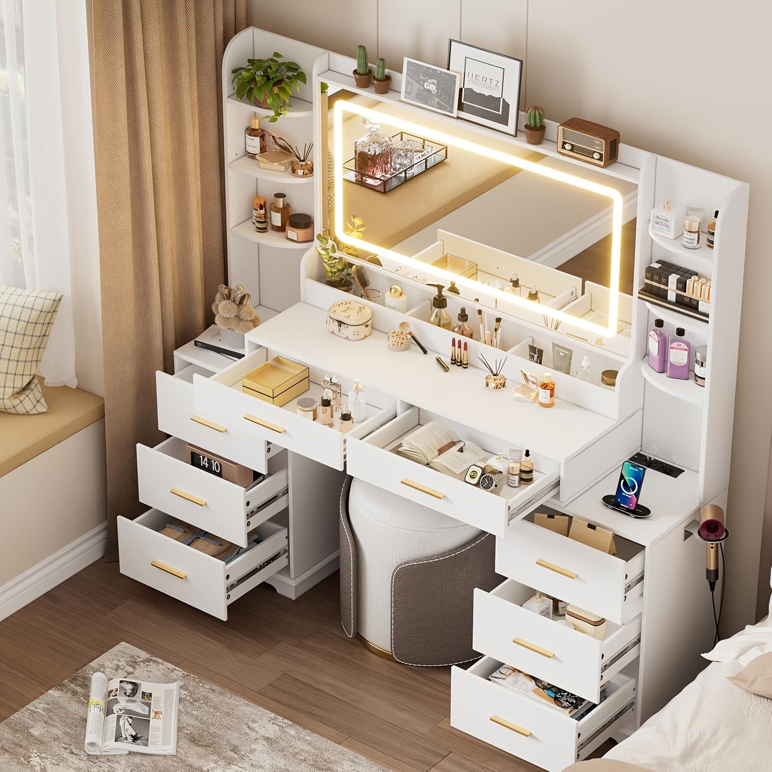 59in Vanity Desk with HD Mirror & 8 Drawers