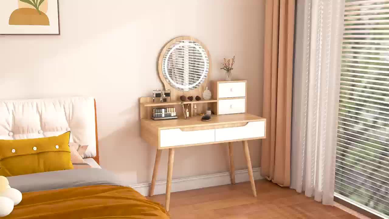 Vanity Desk with 3-Mode Lighted Mirror & 4 Drawers