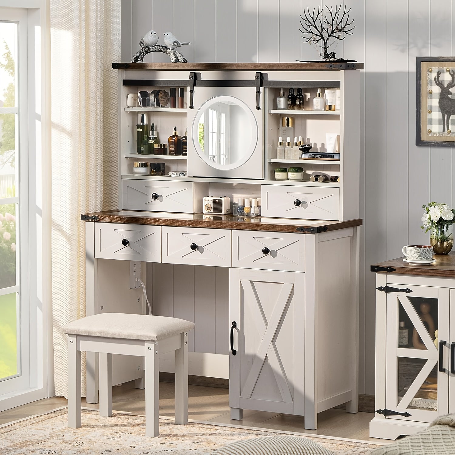 42in Farmhouse Vanity Set with Sliding Mirror & Stool