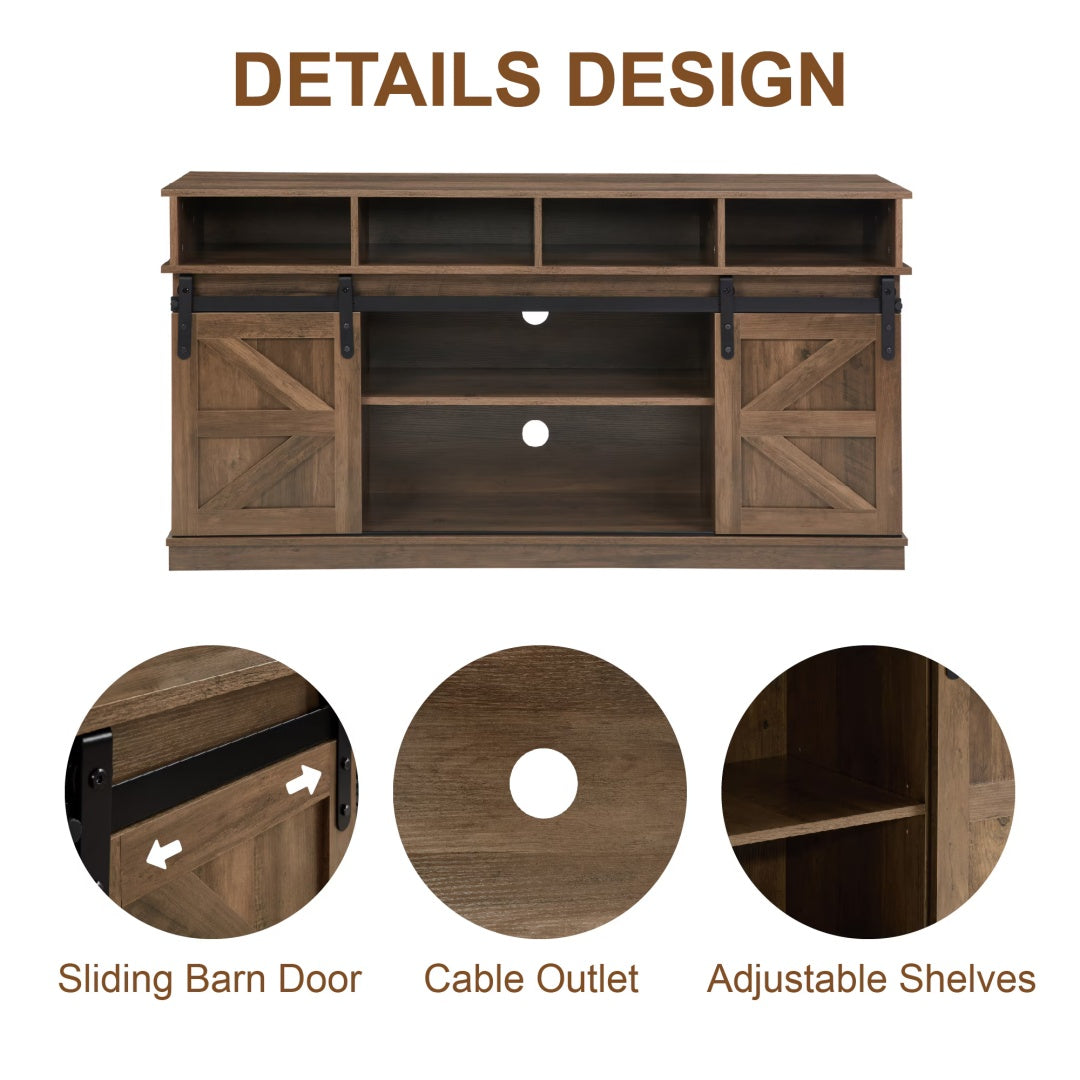 Barn Door TV Stand with Storage & Adjustable Shelves – Natural Brown