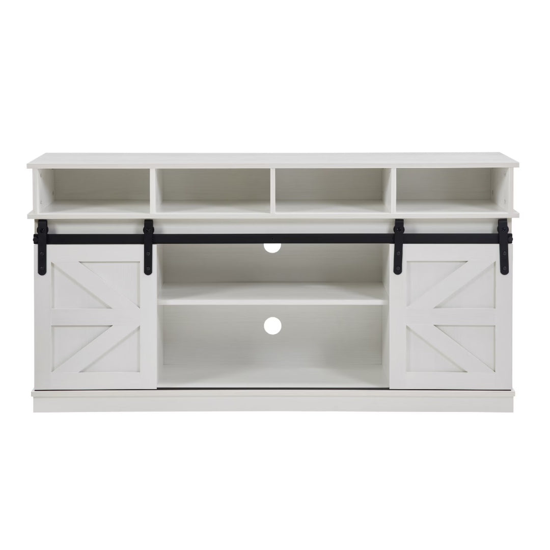 Sliding Barn Door TV Stand with Adjustable Shelves – White Farmhouse Entertainment Center