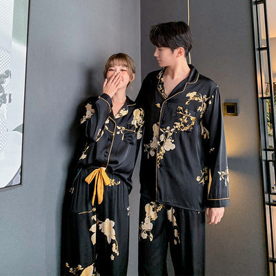 Black Faux Silk Couples Pajama Set