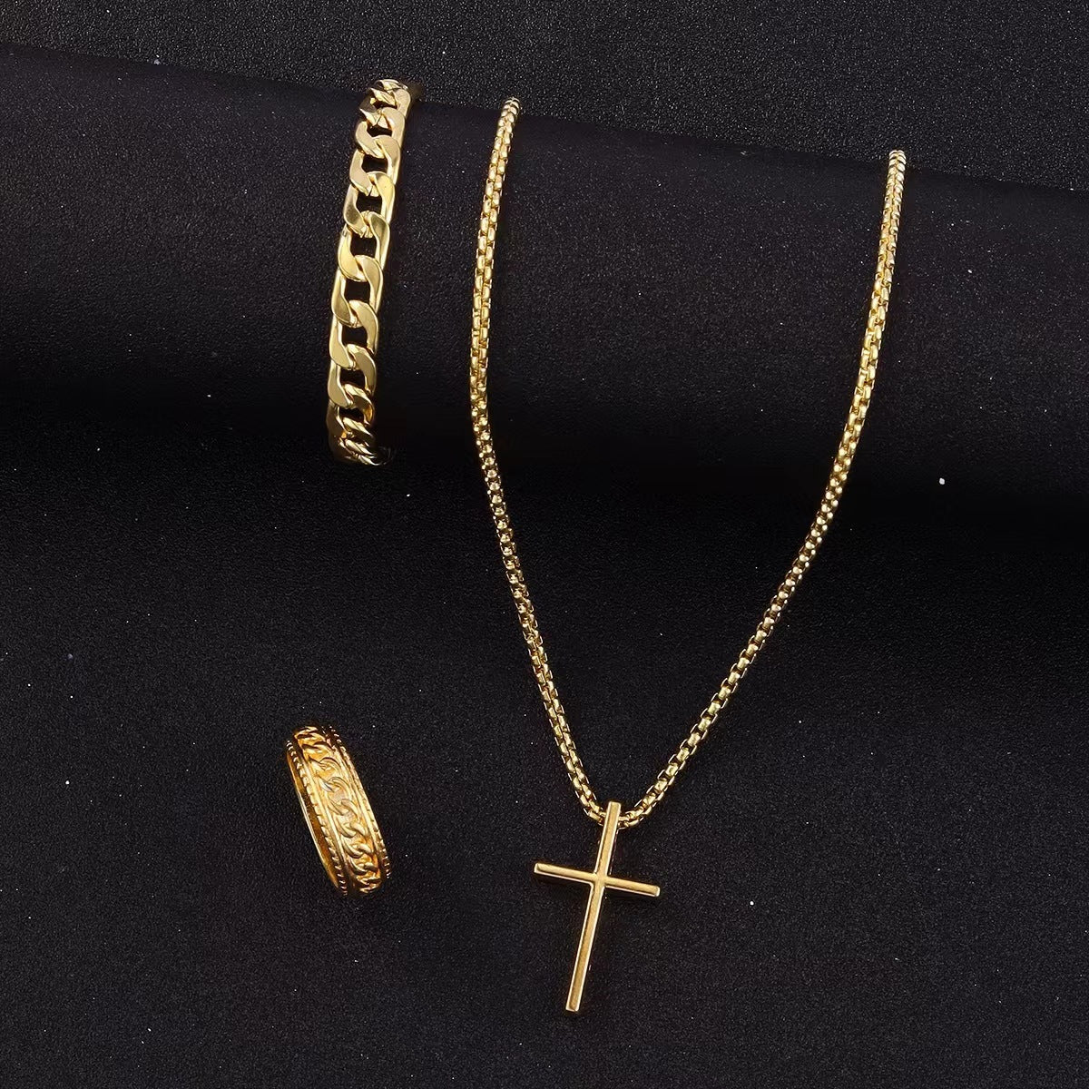 Men's Cross Necklace, Ring, & Bracelet Set