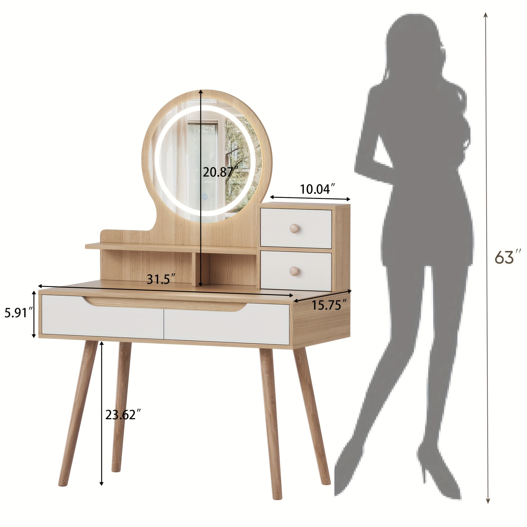 Vanity Desk with 3-Mode Lighted Mirror & 4 Drawers