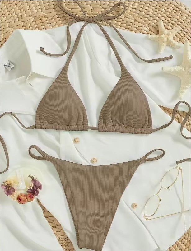 Sexy Ribbed Tie Bikini Set – Two‑Piece Swimsuit