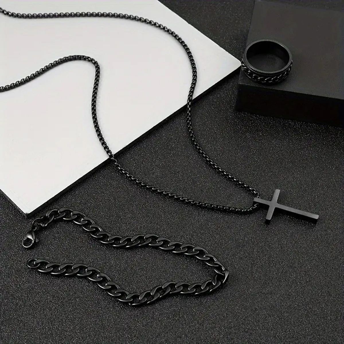 Men's Cross Necklace, Ring, & Bracelet Set