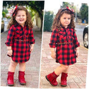 Girls' Long Red Plaid Dress with Belt