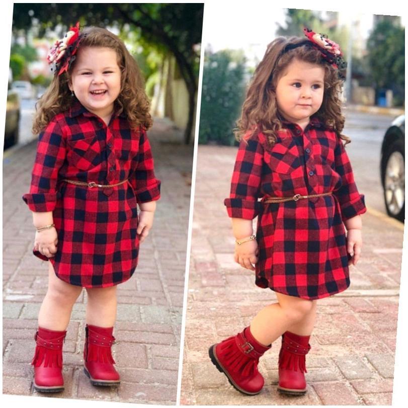 Girls' Long Red Plaid Dress with Belt