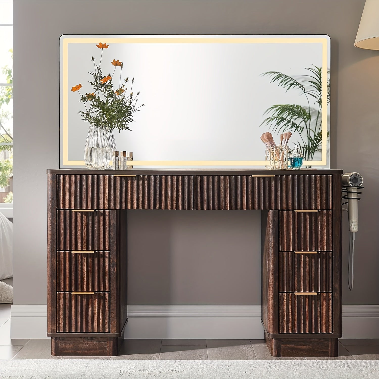 48in Fluted Vanity Desk with LED Mirror & Charger