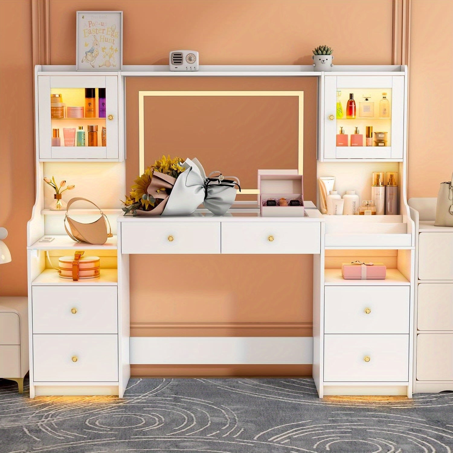 1pc Extra Large Vanity Desk with Mirror - Elegant Makeup Dressing table, Spacious Countertop, Easy Assembly, for Bedroom, Bathroom, Home Salon - Women & Girls Beauty Station Organizer, Makeup Vanity Desk, Teenage Girl Room De