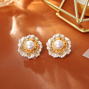 Pleated Flower Pearl Stud Earrings