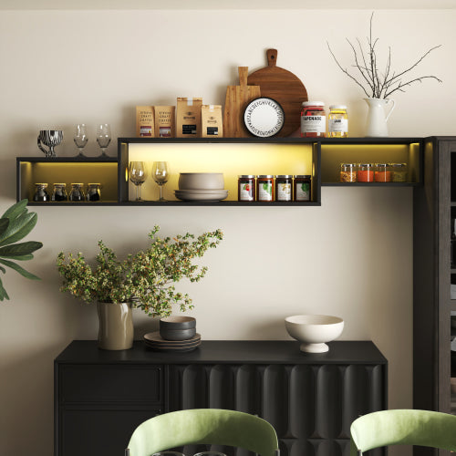 Wall-Mounted Floating TV Stand with LED & Charger — 65in