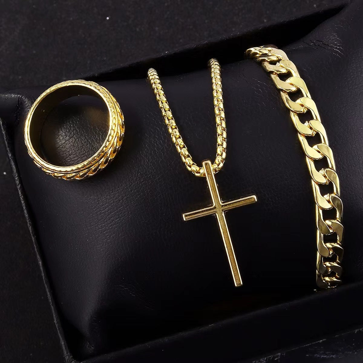 Men's Cross Necklace, Ring, & Bracelet Set