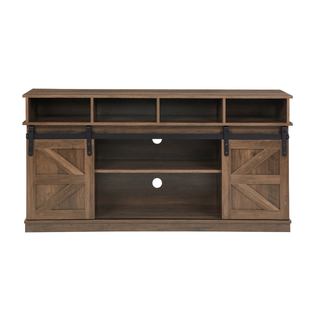 Barn Door TV Stand with Storage & Adjustable Shelves – Natural Brown