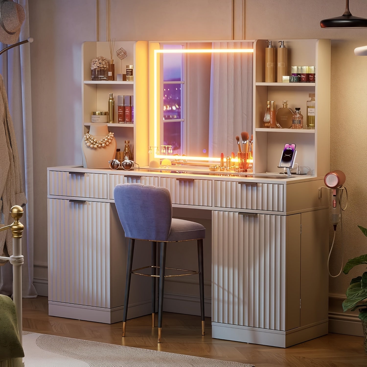 55'' Large Fluted Makeup Vanity Desk with Mirror And Lights, Glass Top Makeup Vanity with Large Storage Spaces, 4 Drawers And 18 Grids, White