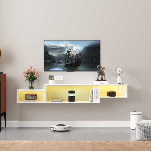 Wall-Mounted Floating TV Stand with LED & Charger — 65in