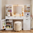 55'' Large Fluted Makeup Vanity Desk with Mirror And Lights, Glass Top Makeup Vanity with Large Storage Spaces, 4 Drawers And 18 Grids, White