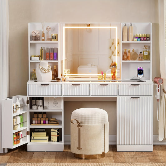 55'' Large Fluted Makeup Vanity Desk with Mirror And Lights, Glass Top Makeup Vanity with Large Storage Spaces, 4 Drawers And 18 Grids, White