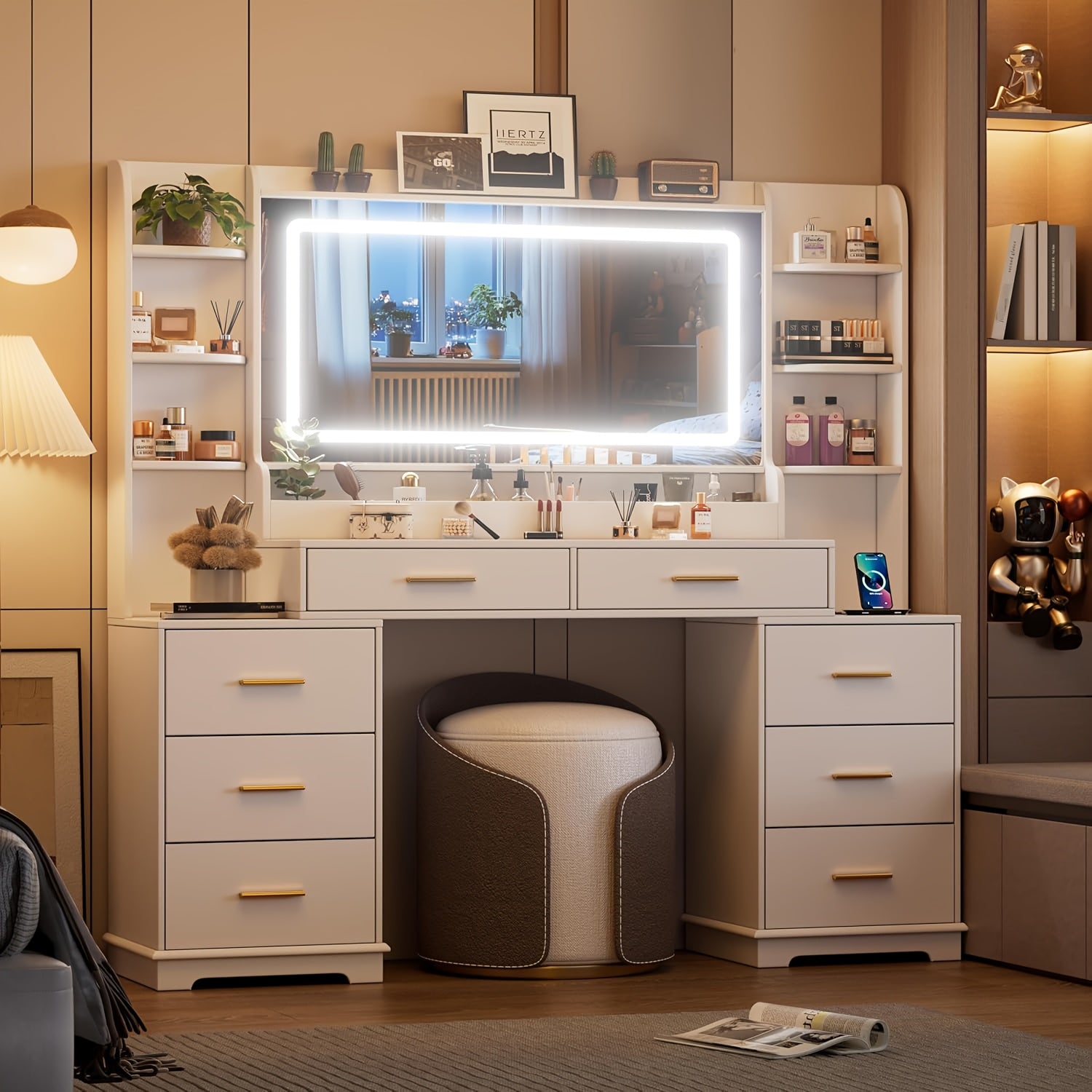 59in Vanity Desk with HD Mirror & 8 Drawers