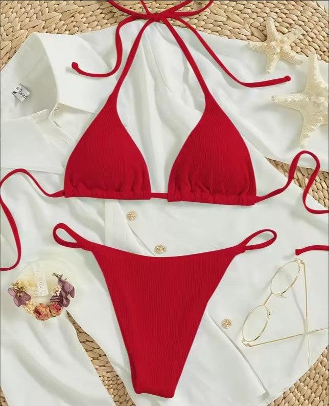 Sexy Ribbed Tie Bikini Set – Two‑Piece Swimsuit