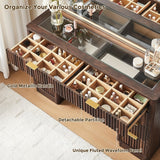 48-inch Fluted Makeup Vanity Desk with Large LED Lighted Mirror, 8 Drawers & Charging Station - Glass Top Modern Dressing Table with Adjustable Lighting, Hardwood Construction, Grey Tones, Space-Saving Design for Bedroom