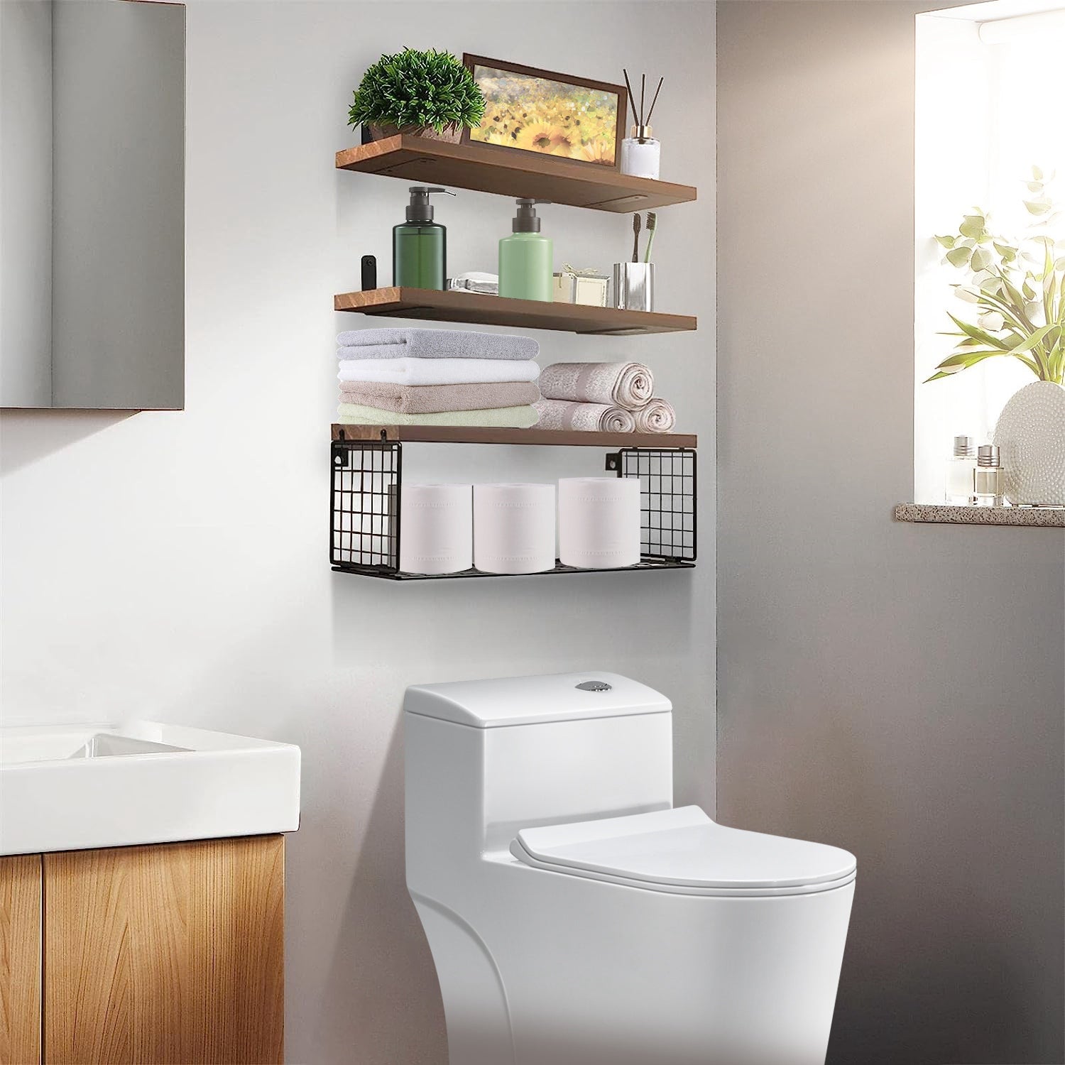 2-in-1 Floating Wall Shelves with Storage Basket