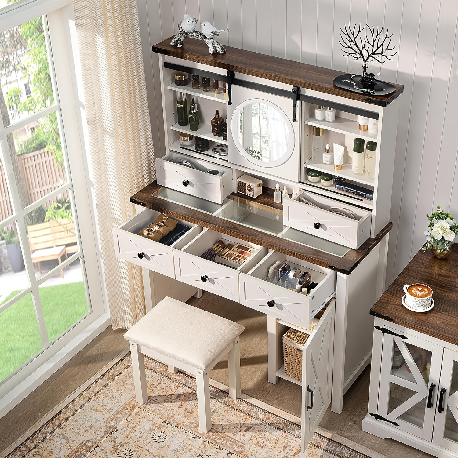 42in Farmhouse Vanity Set with Sliding Mirror & Stool