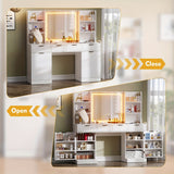 55'' Large Fluted Makeup Vanity Desk with Mirror And Lights, Glass Top Makeup Vanity with Large Storage Spaces, 4 Drawers And 18 Grids, White