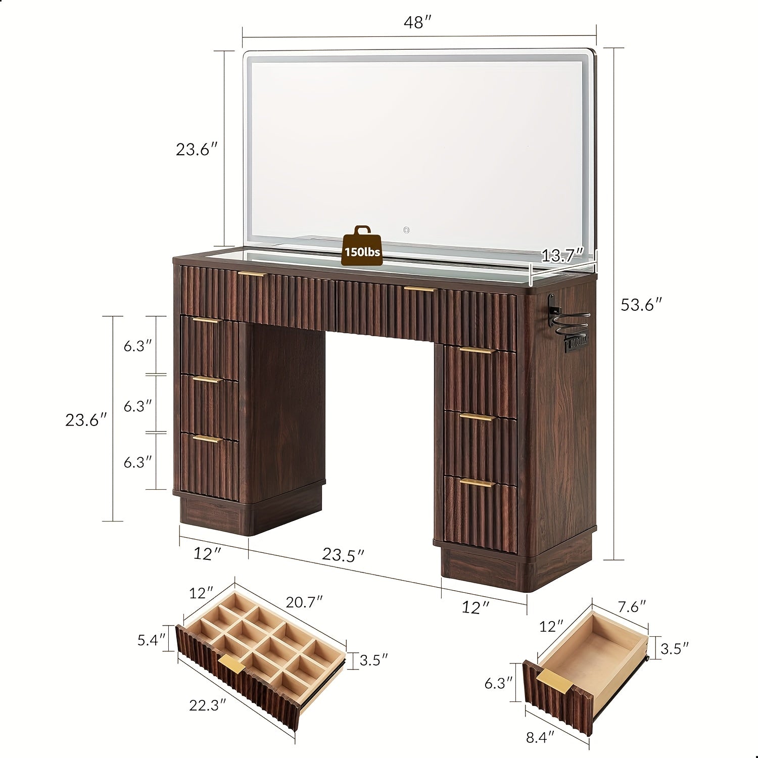48-inch Fluted Makeup Vanity Desk with Large LED Lighted Mirror, 8 Drawers & Charging Station - Glass Top Modern Dressing Table with Adjustable Lighting, Hardwood Construction, Grey Tones, Space-Saving Design for Bedroom
