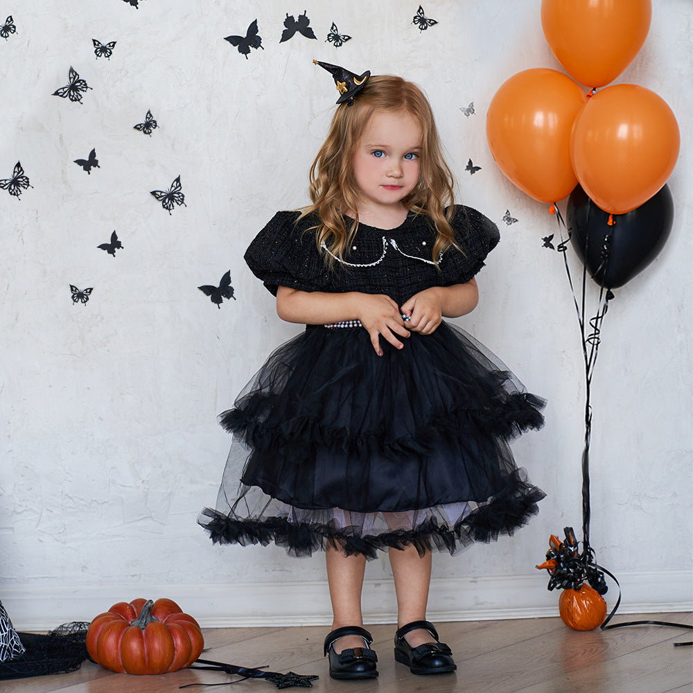 Girls' Halloween Puff Sleeve Mesh Dress