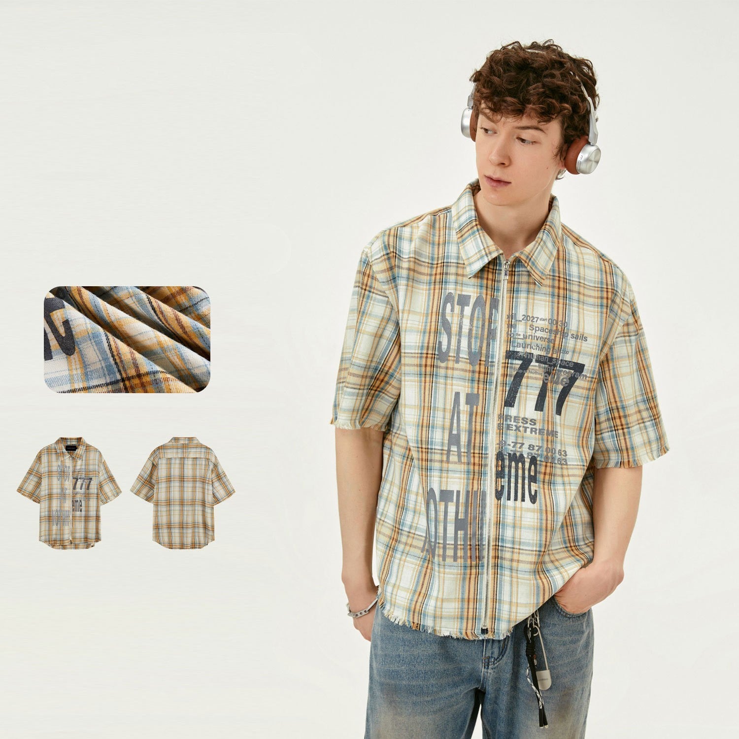 Men's Distressed Plaid Tassel Shirt