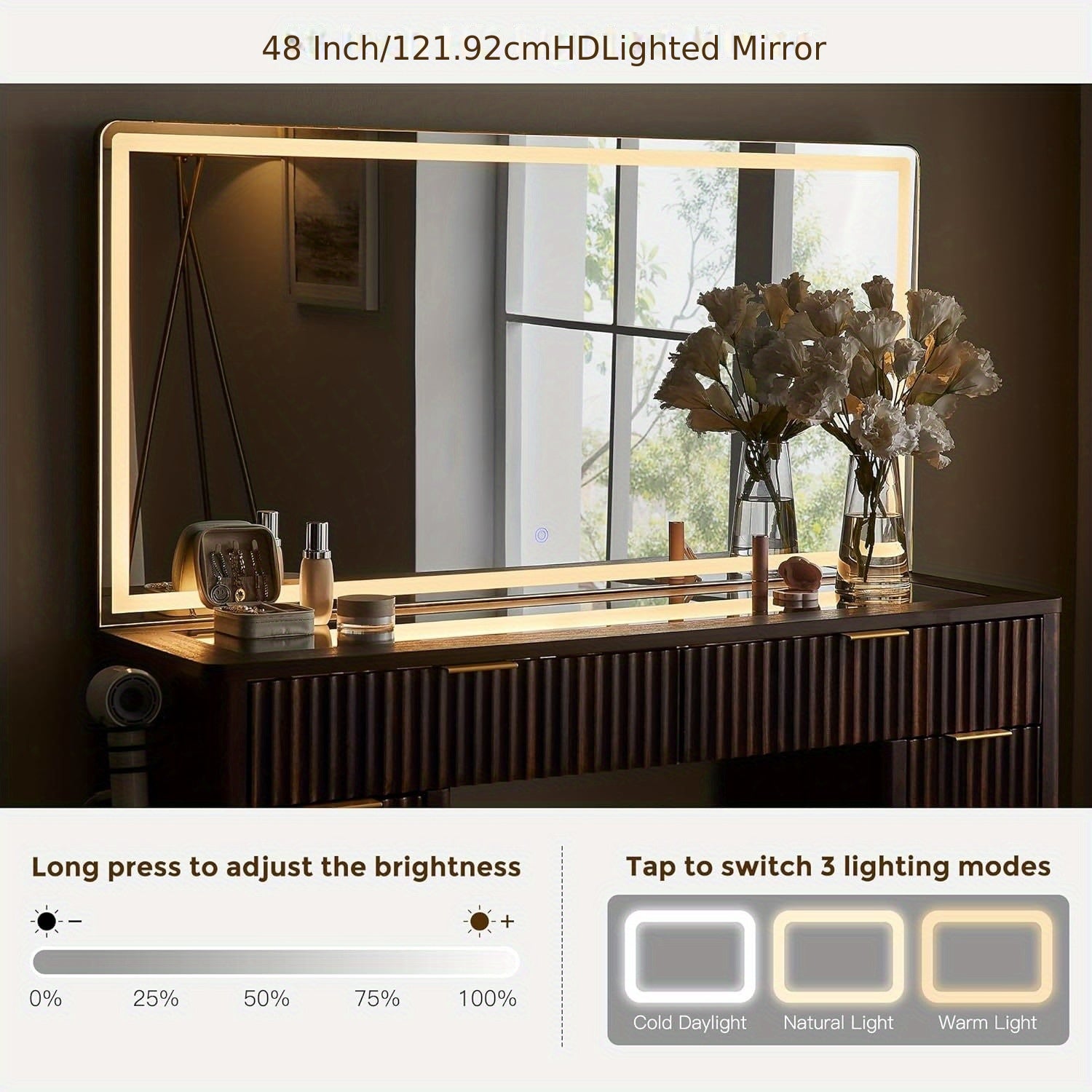 48-inch Fluted Makeup Vanity Desk with Large LED Lighted Mirror, 8 Drawers & Charging Station - Glass Top Modern Dressing Table with Adjustable Lighting, Hardwood Construction, Grey Tones, Space-Saving Design for Bedroom