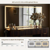 48-inch Fluted Makeup Vanity Desk with Large LED Lighted Mirror, 8 Drawers & Charging Station - Glass Top Modern Dressing Table with Adjustable Lighting, Hardwood Construction, Grey Tones, Space-Saving Design for Bedroom