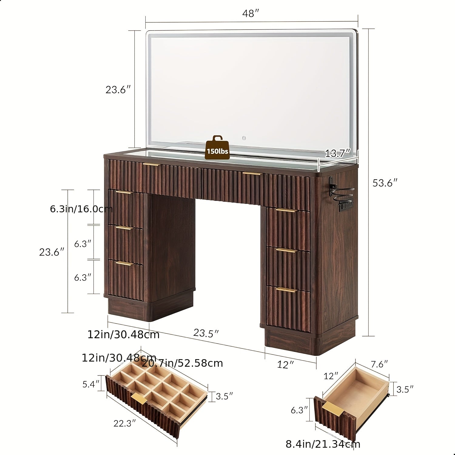 48in Fluted Vanity Desk with LED Mirror & Charger