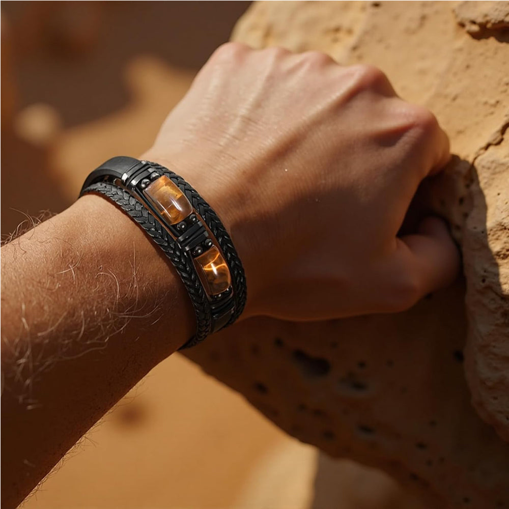 Tiger Eye Stone Braided Leather Bracelet