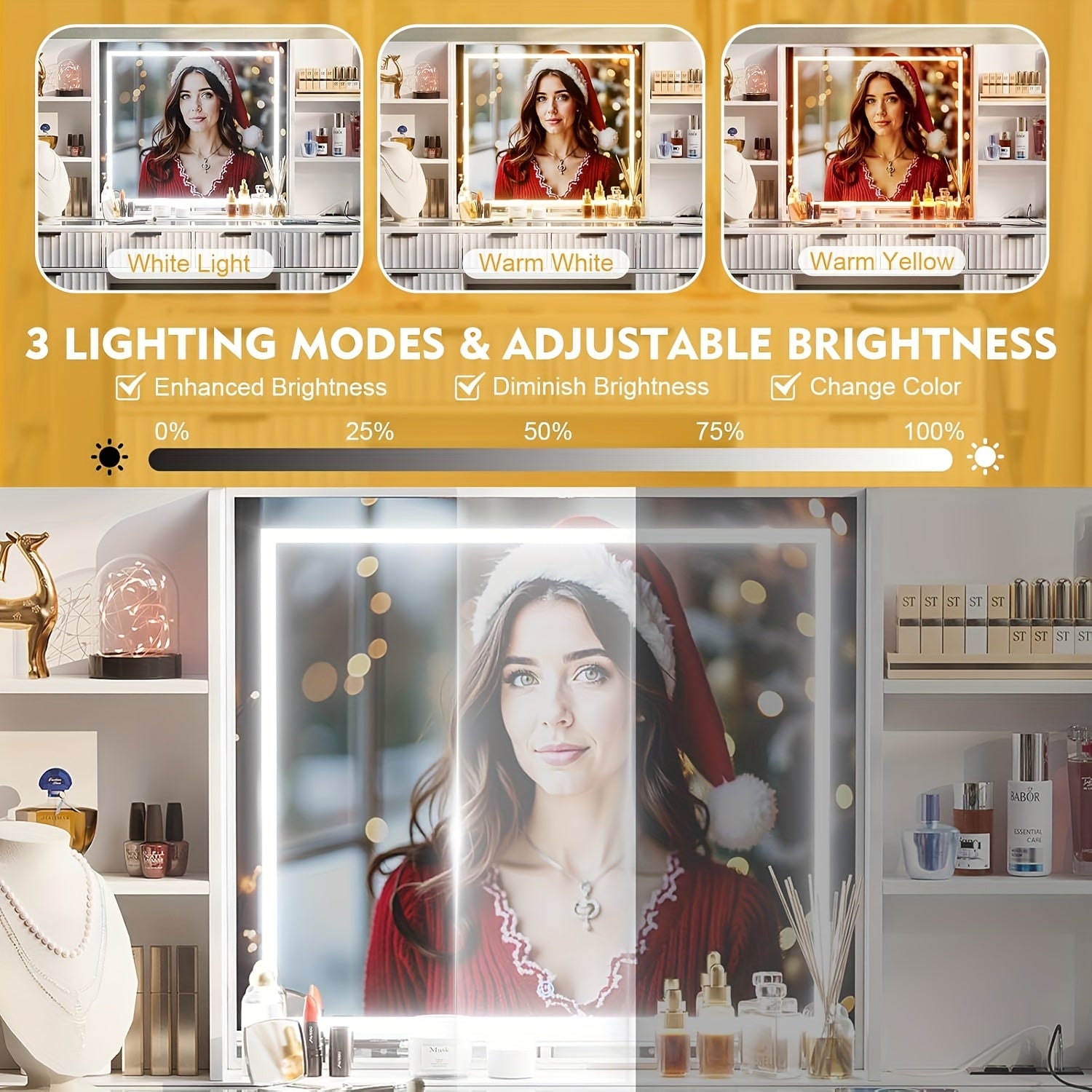 55'' Large Fluted Makeup Vanity Desk with Mirror And Lights, Glass Top Makeup Vanity with Large Storage Spaces, 4 Drawers And 18 Grids, White