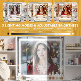 55'' Large Fluted Makeup Vanity Desk with Mirror And Lights, Glass Top Makeup Vanity with Large Storage Spaces, 4 Drawers And 18 Grids, White