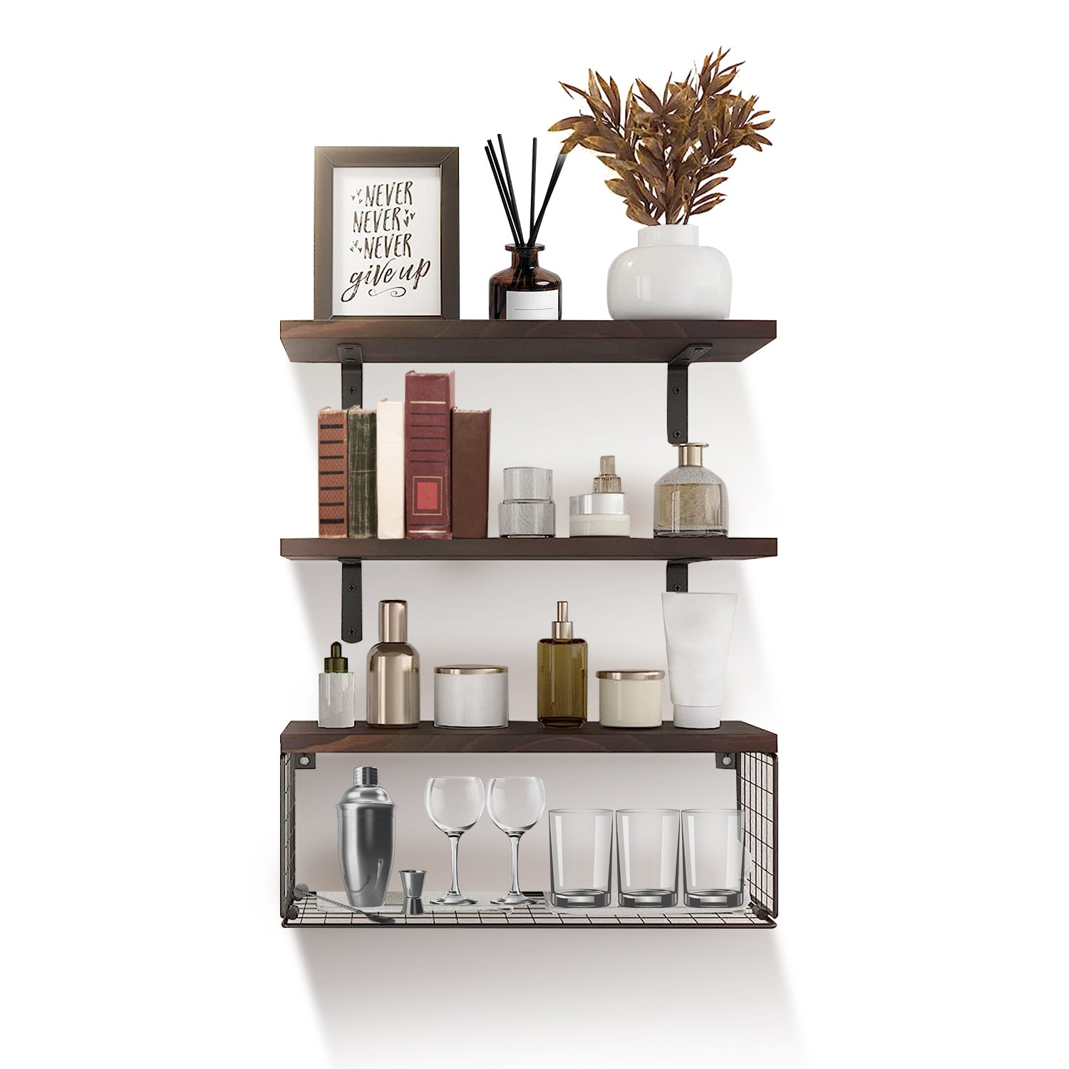 2-in-1 Floating Wall Shelves with Storage Basket