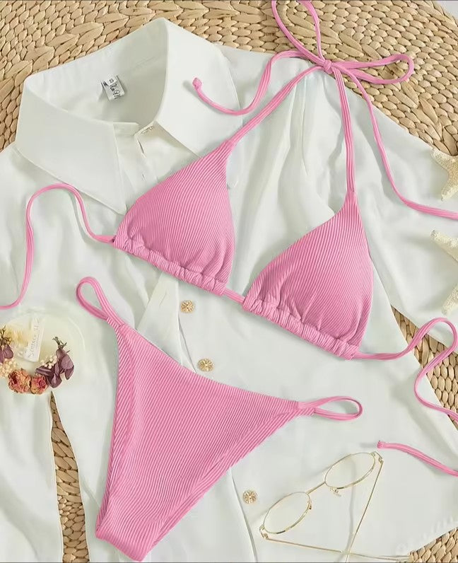 Sexy Ribbed Tie Bikini Set – Two‑Piece Swimsuit