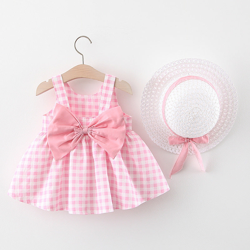 Baby Plaid Skirt with Straw Hat Set
